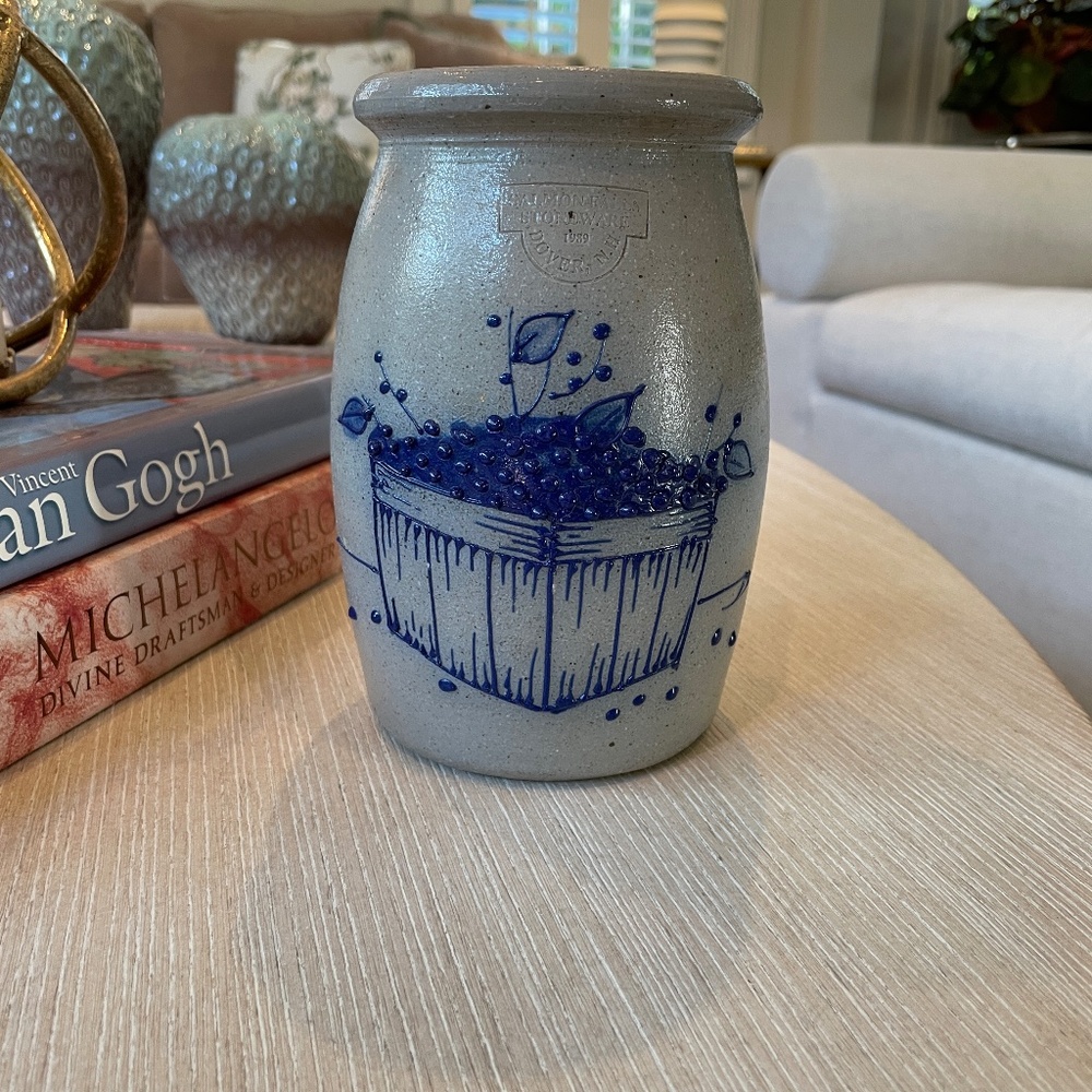 Vintage 1989 Salmon Falls NH Blueberry Crock Salt Glazed Pottery Stoneware